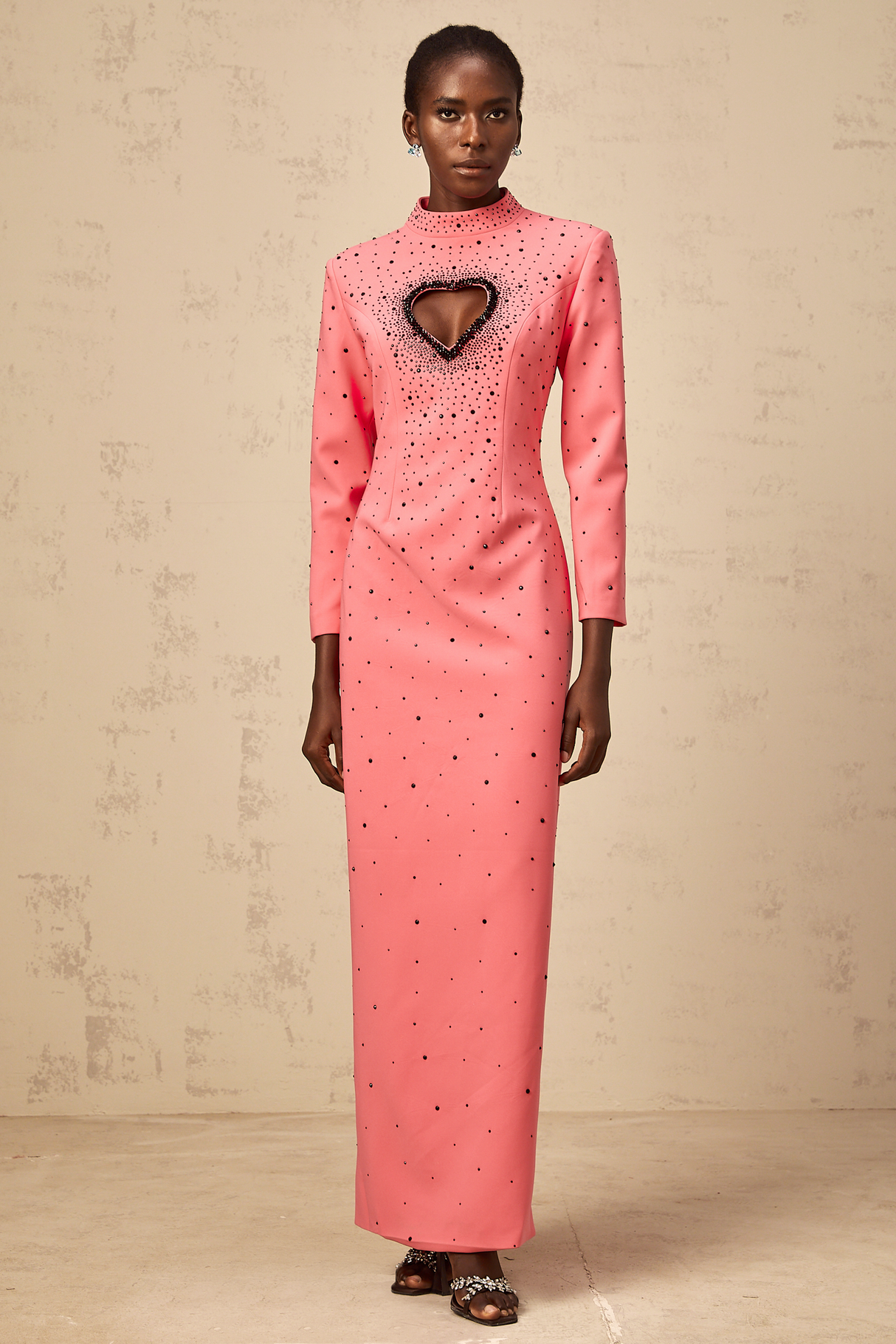 Aurohaya Zélie pink heart cut-out embellished maxi dress