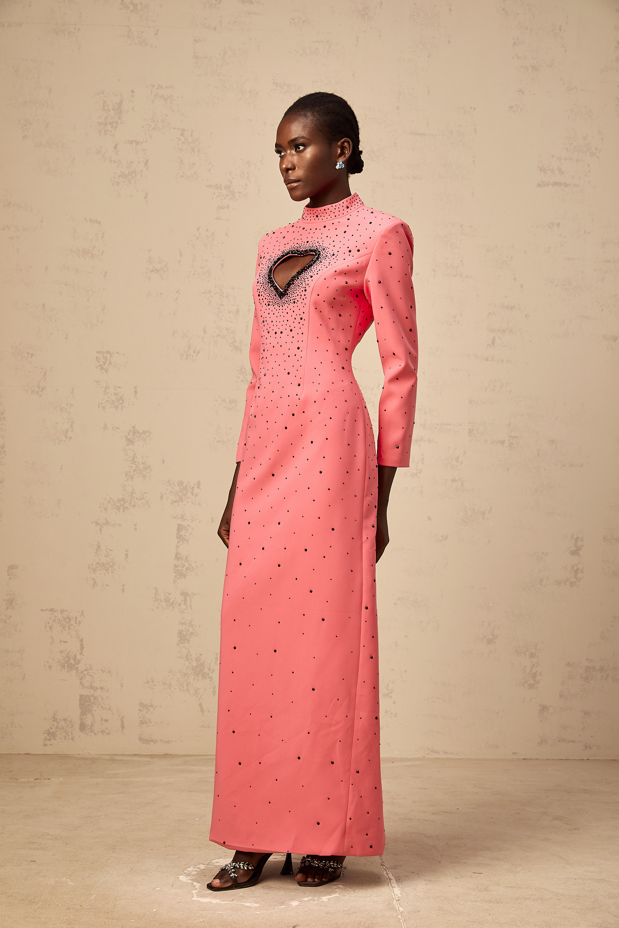 Aurohaya Zélie pink heart cut-out embellished maxi dress