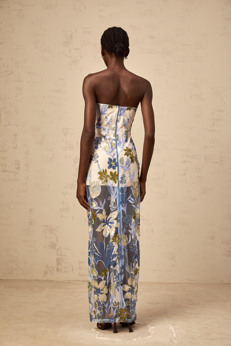 Aurohaya Patricia blue sequined flower-embroidered corset tulle maxi dress