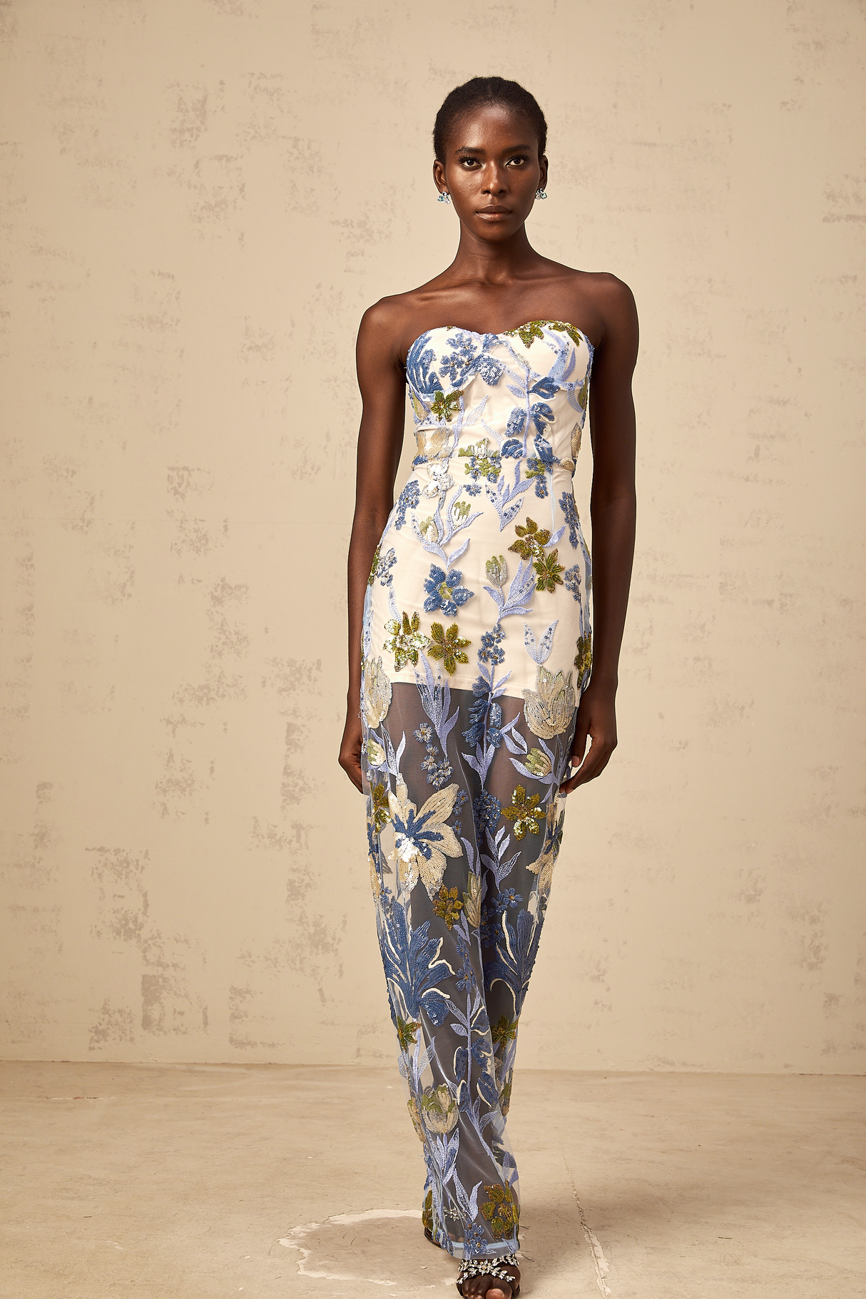 Aurohaya Patricia blue sequined flower-embroidered corset tulle maxi dress