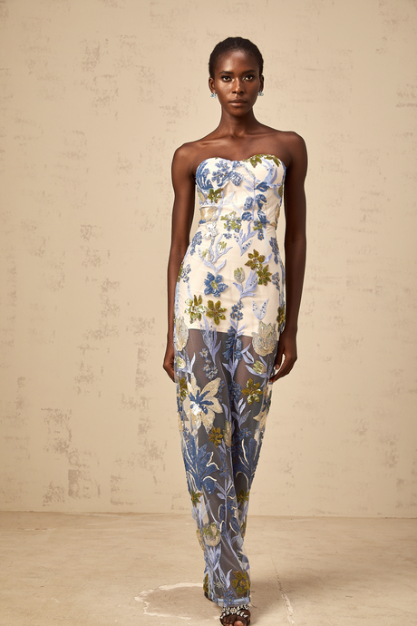 Aurohaya Patricia blue sequined flower-embroidered corset tulle maxi dress