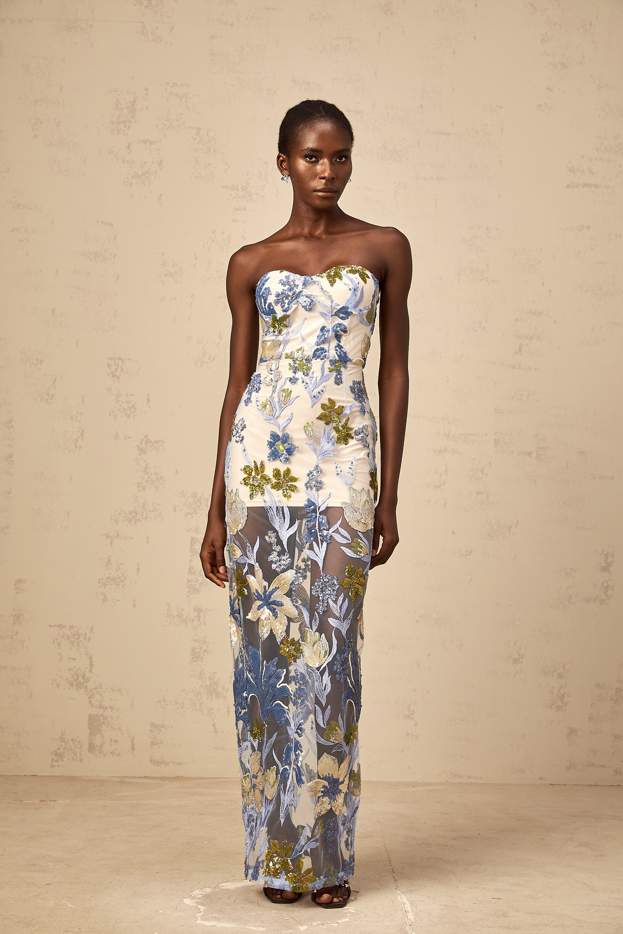 Aurohaya Patricia blue sequined flower-embroidered corset tulle maxi dress
