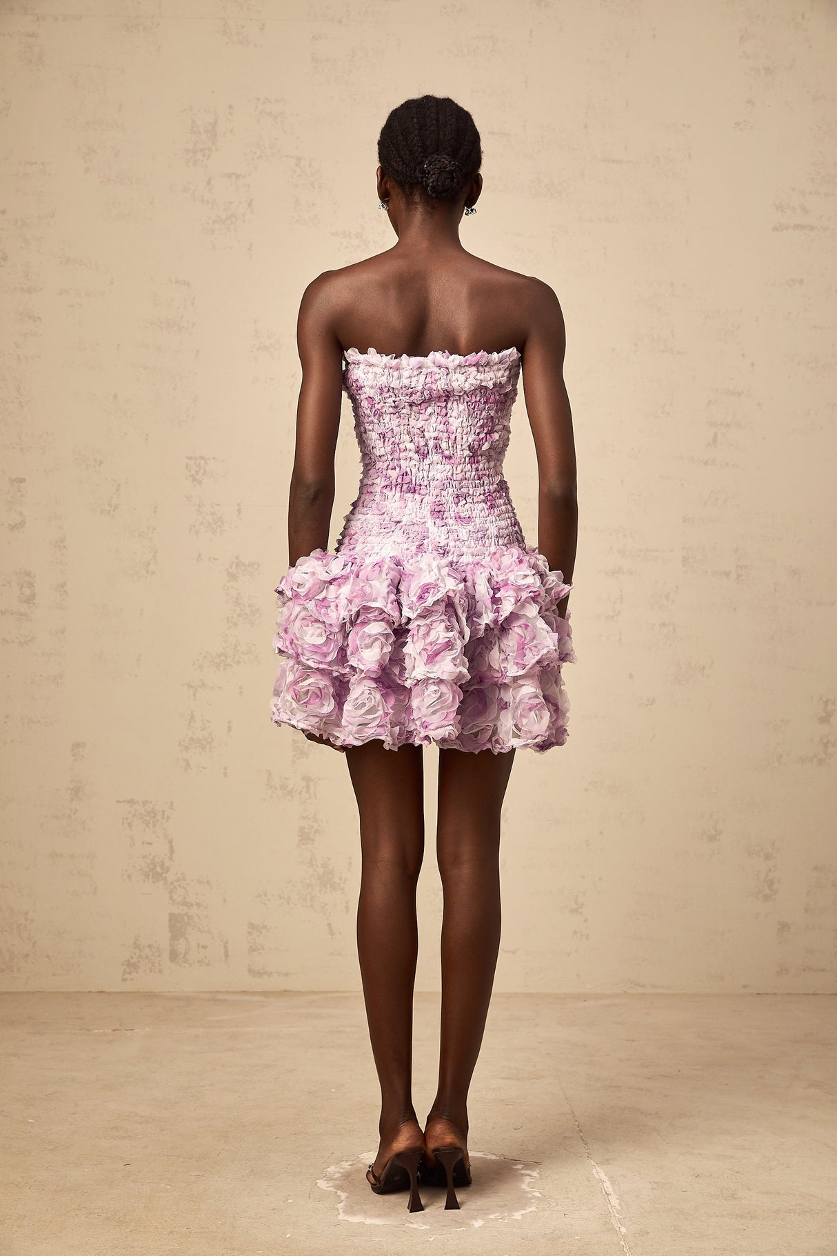 Aurohaya Mylène purple 3D-petal tiered tulle mini dress