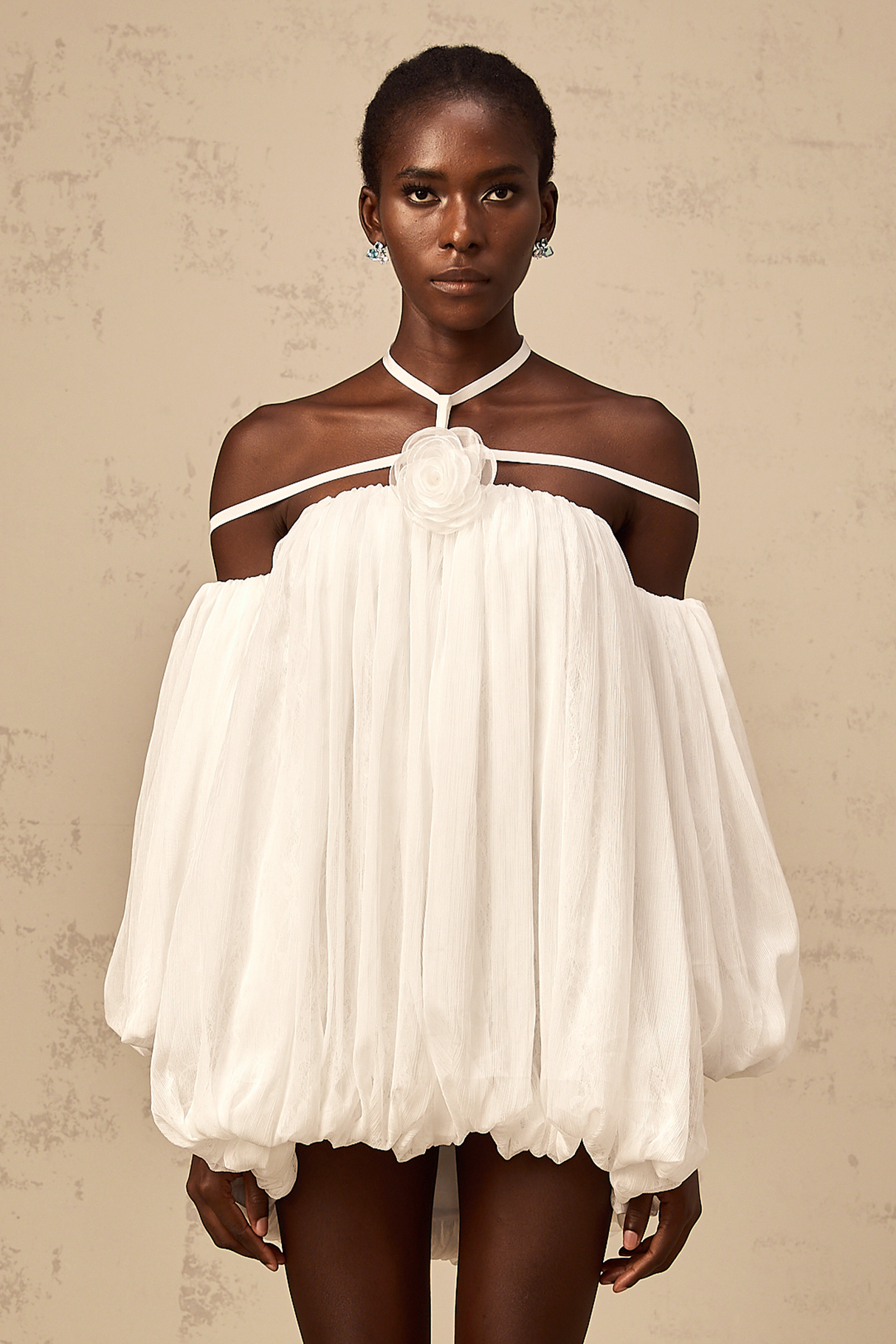 Aurohaya Hortense white floral-appliqué pleated tulle mini dress