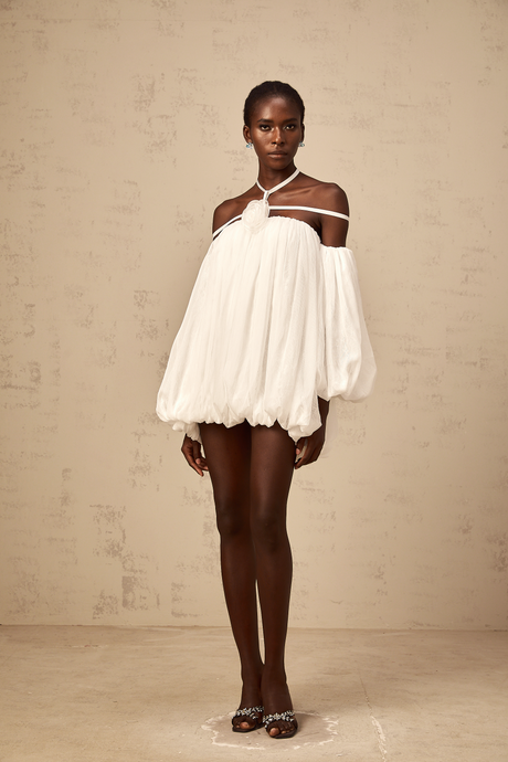 Aurohaya Hortense white floral-appliqué pleated tulle mini dress