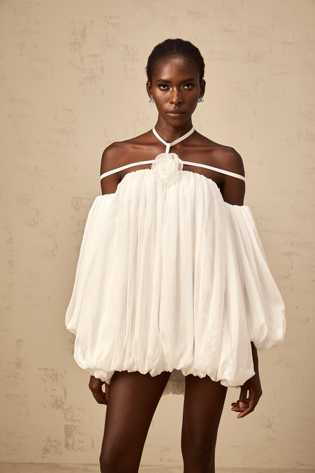 Aurohaya Hortense white floral-appliqué pleated tulle mini dress