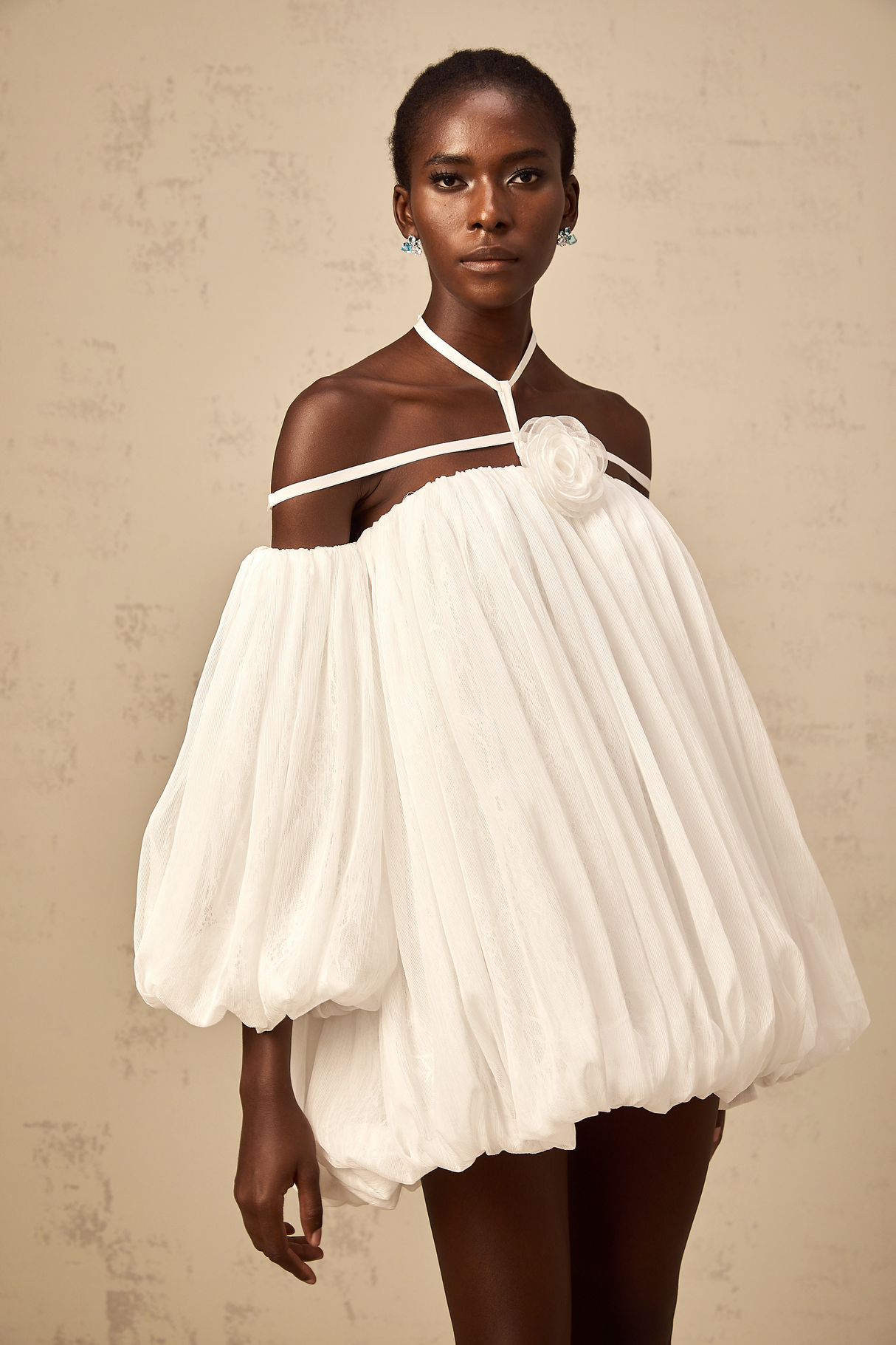 Aurohaya Hortense white floral-appliqué pleated tulle mini dress