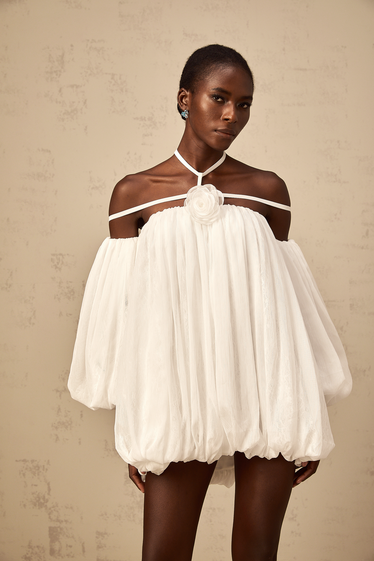 Aurohaya Hortense white floral-appliqué pleated tulle mini dress