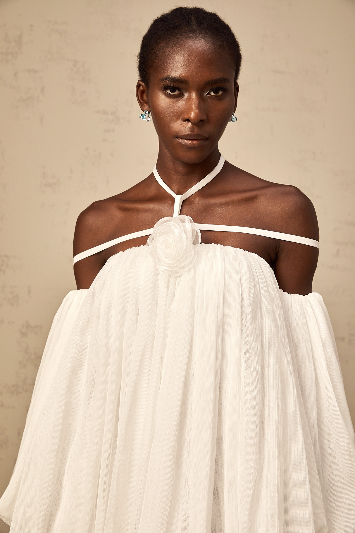 Aurohaya Hortense white floral-appliqué pleated tulle mini dress