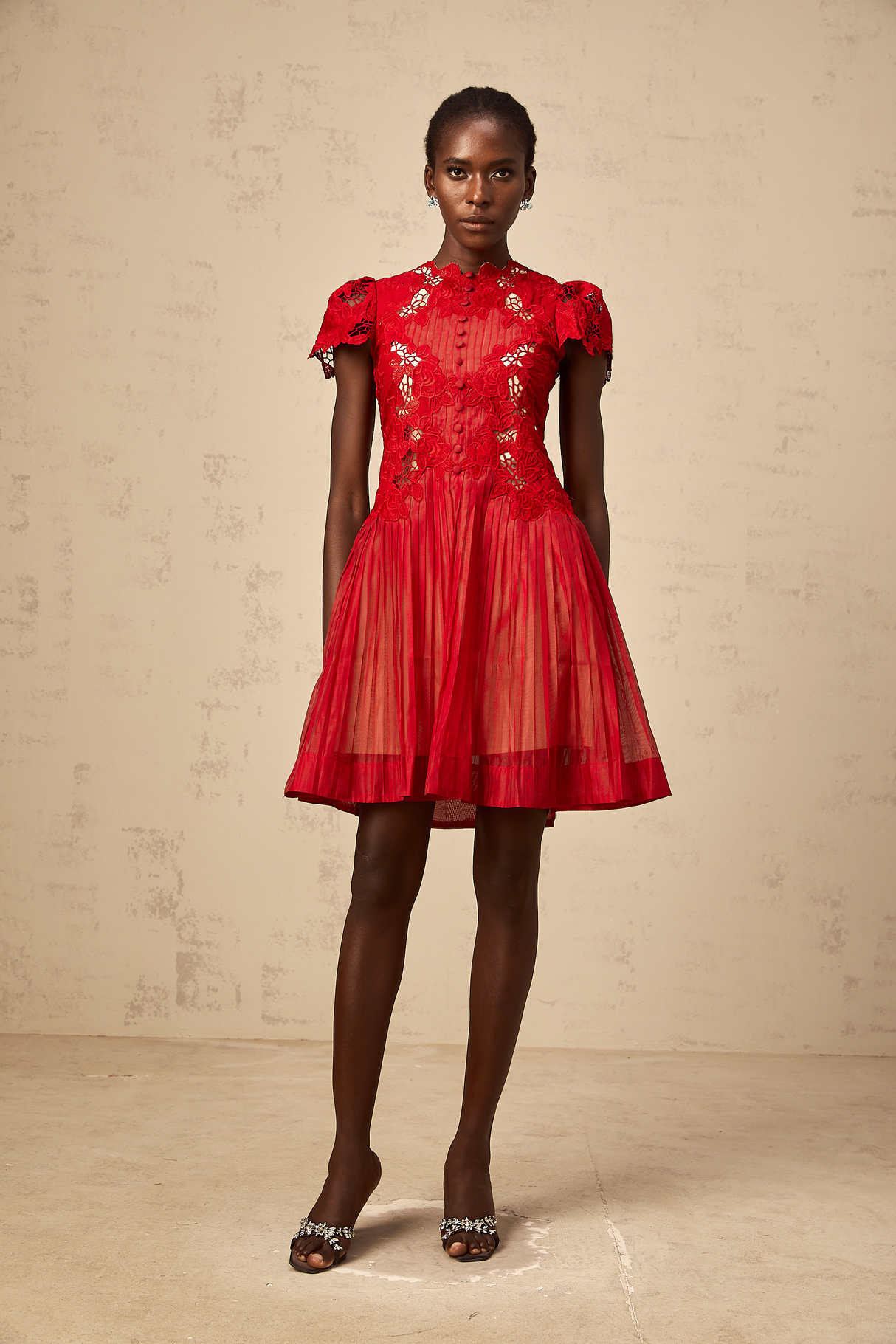 Aurohaya Corinne red flower-embroidered pleated mini dress