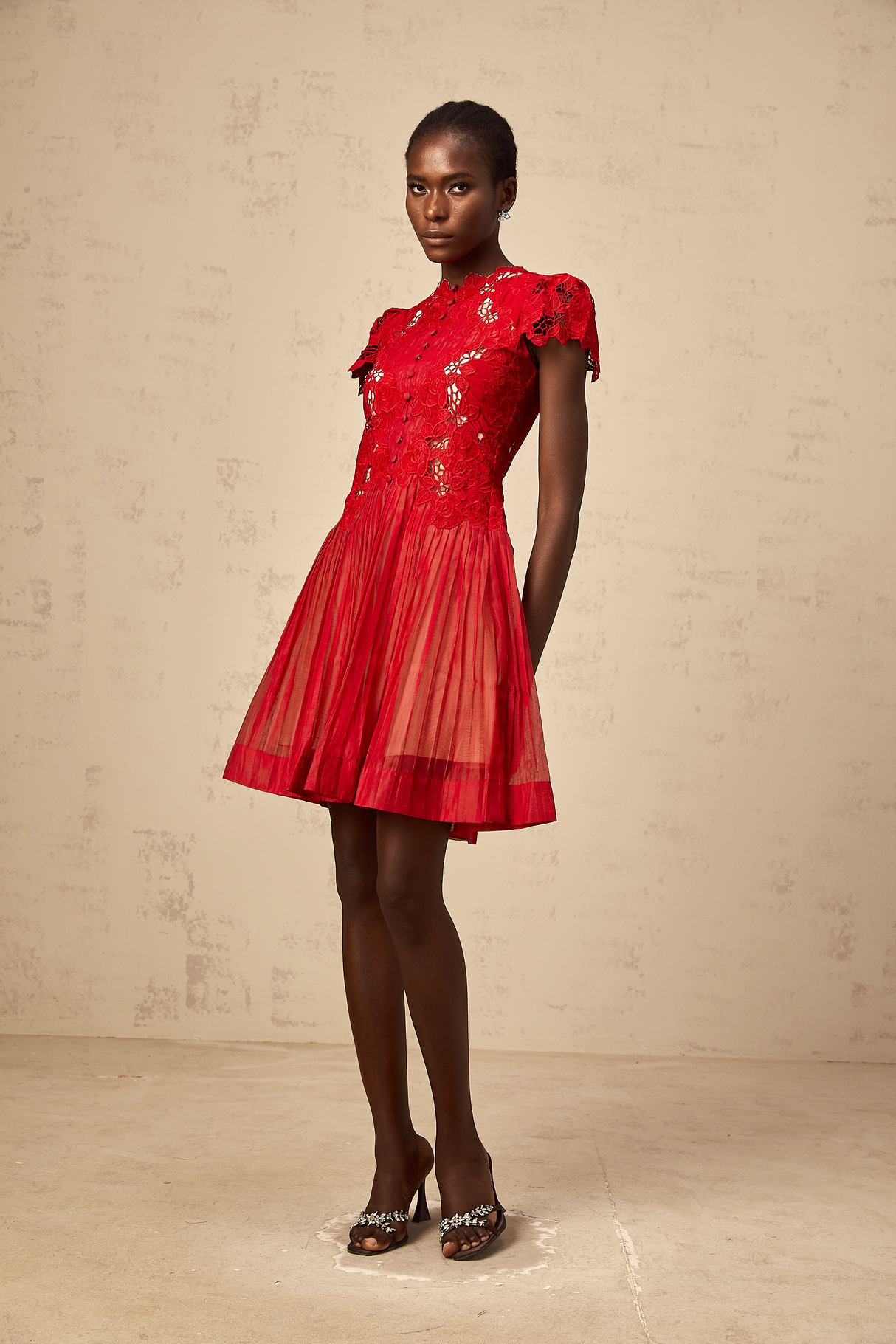 Aurohaya Corinne red flower-embroidered pleated mini dress