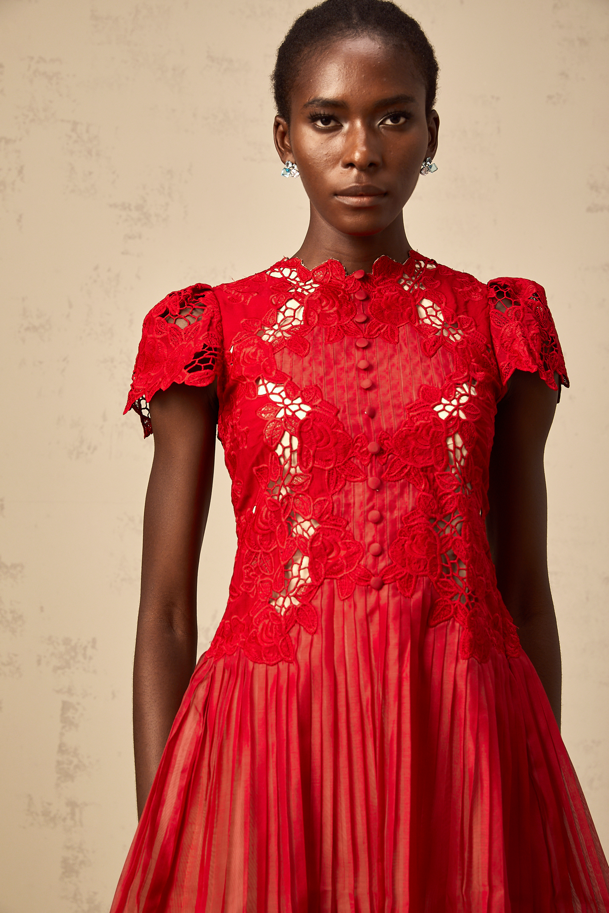 Aurohaya Corinne red flower-embroidered pleated mini dress