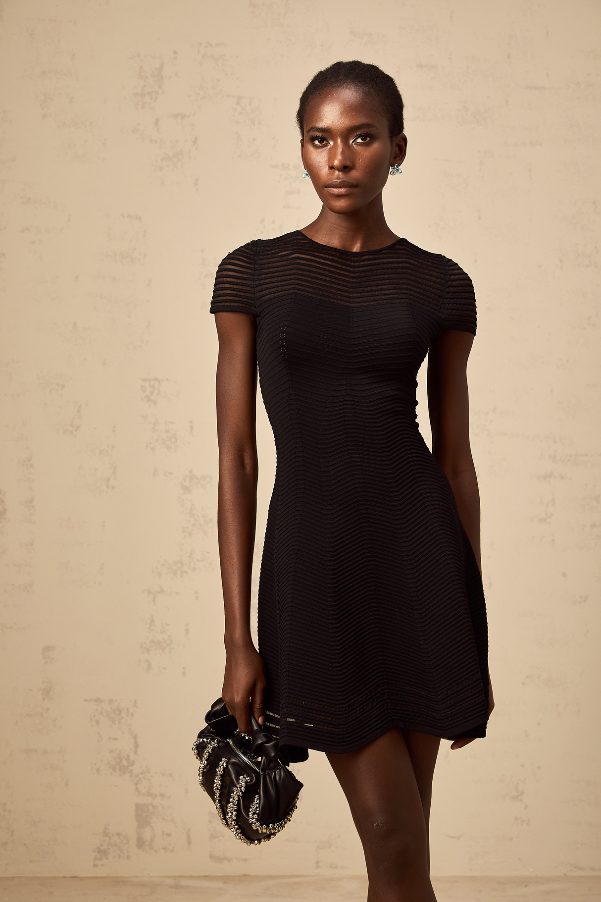 Aurohaya Mélisande black wavy-crochet textured mini dress