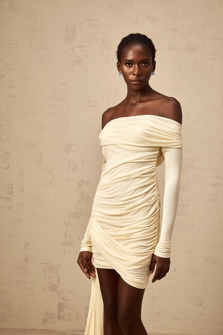 Aurohaya Margaux cream-white ribbon-design ruched mini dress