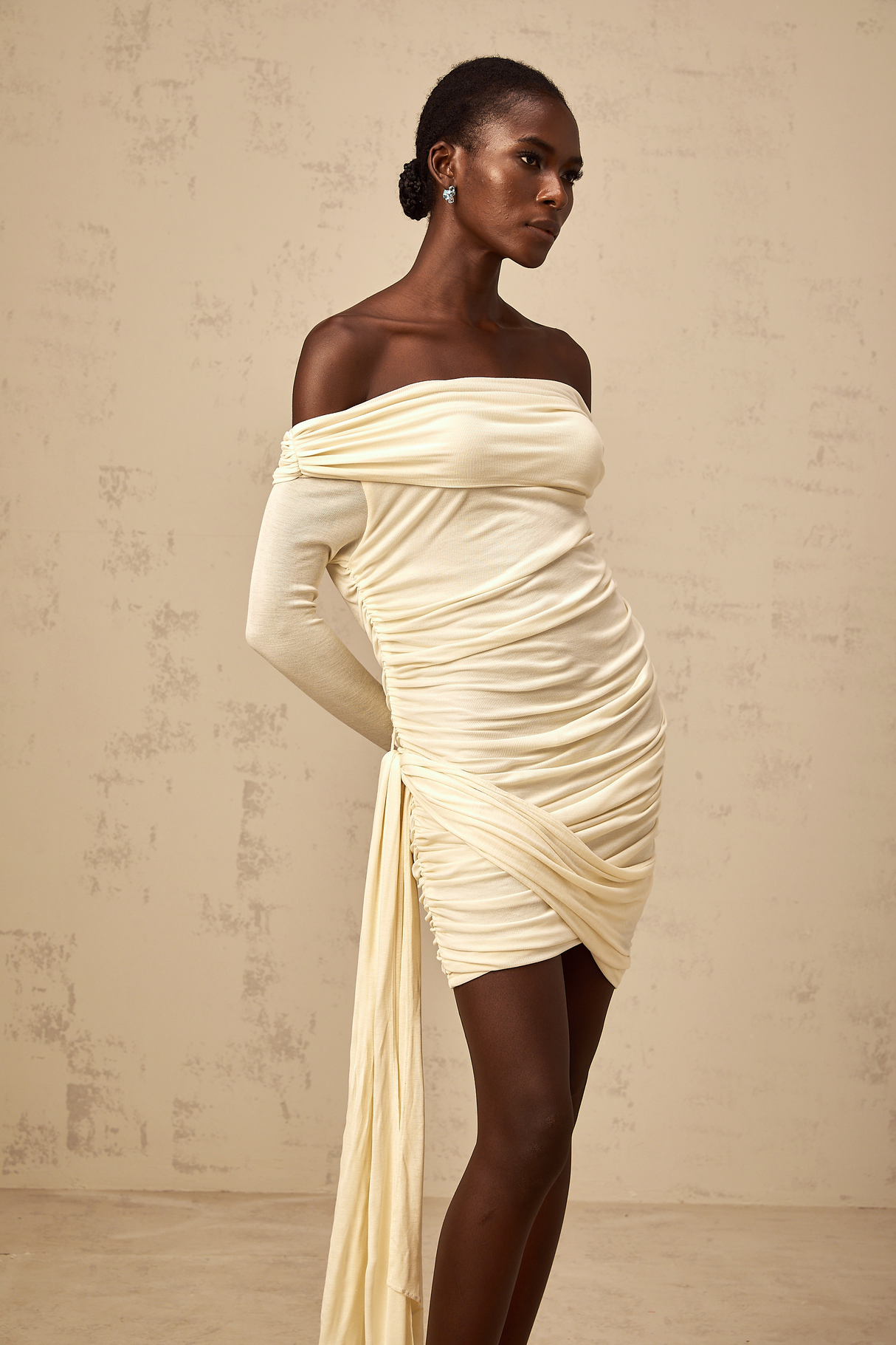Aurohaya Margaux cream-white ribbon-design ruched mini dress