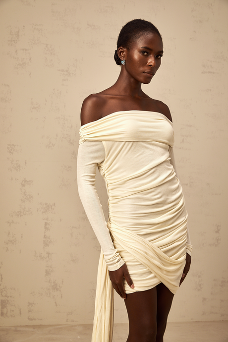 Aurohaya Margaux cream-white ribbon-design ruched mini dress