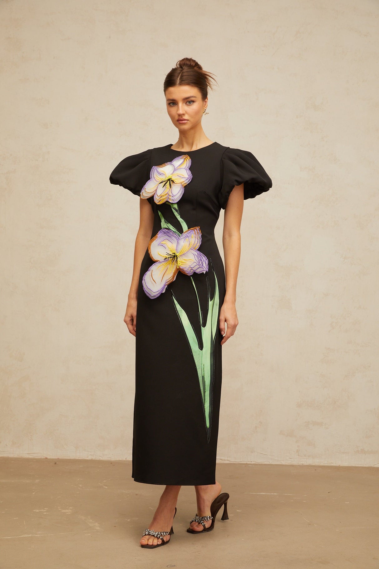 Aurohaya Irène sequined floral-embroidered midi dress in Black