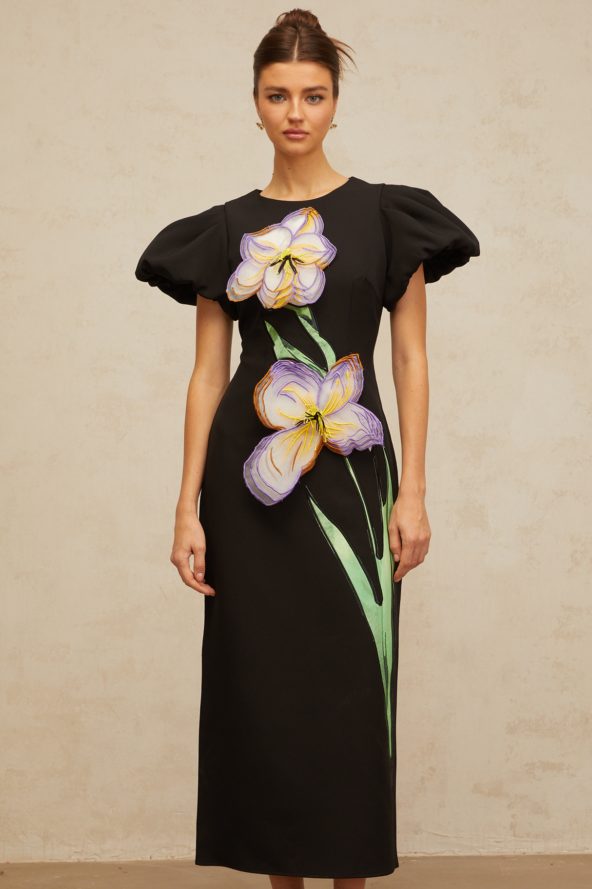 Aurohaya Irène sequined floral-embroidered midi dress in Black