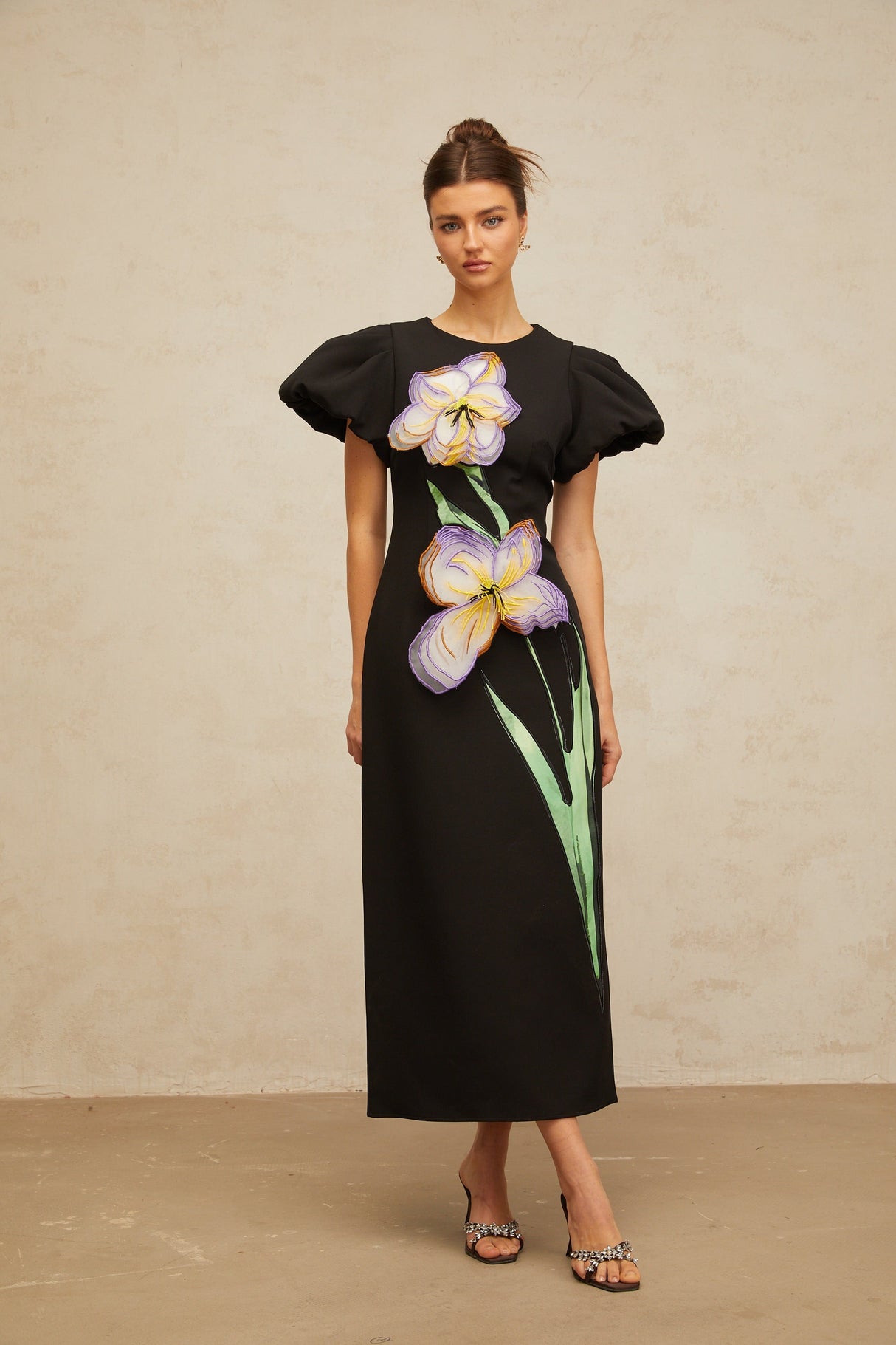 Aurohaya Irène sequined floral-embroidered midi dress in Black