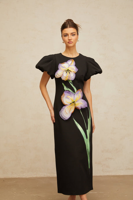 Aurohaya Irène sequined floral-embroidered midi dress in Black