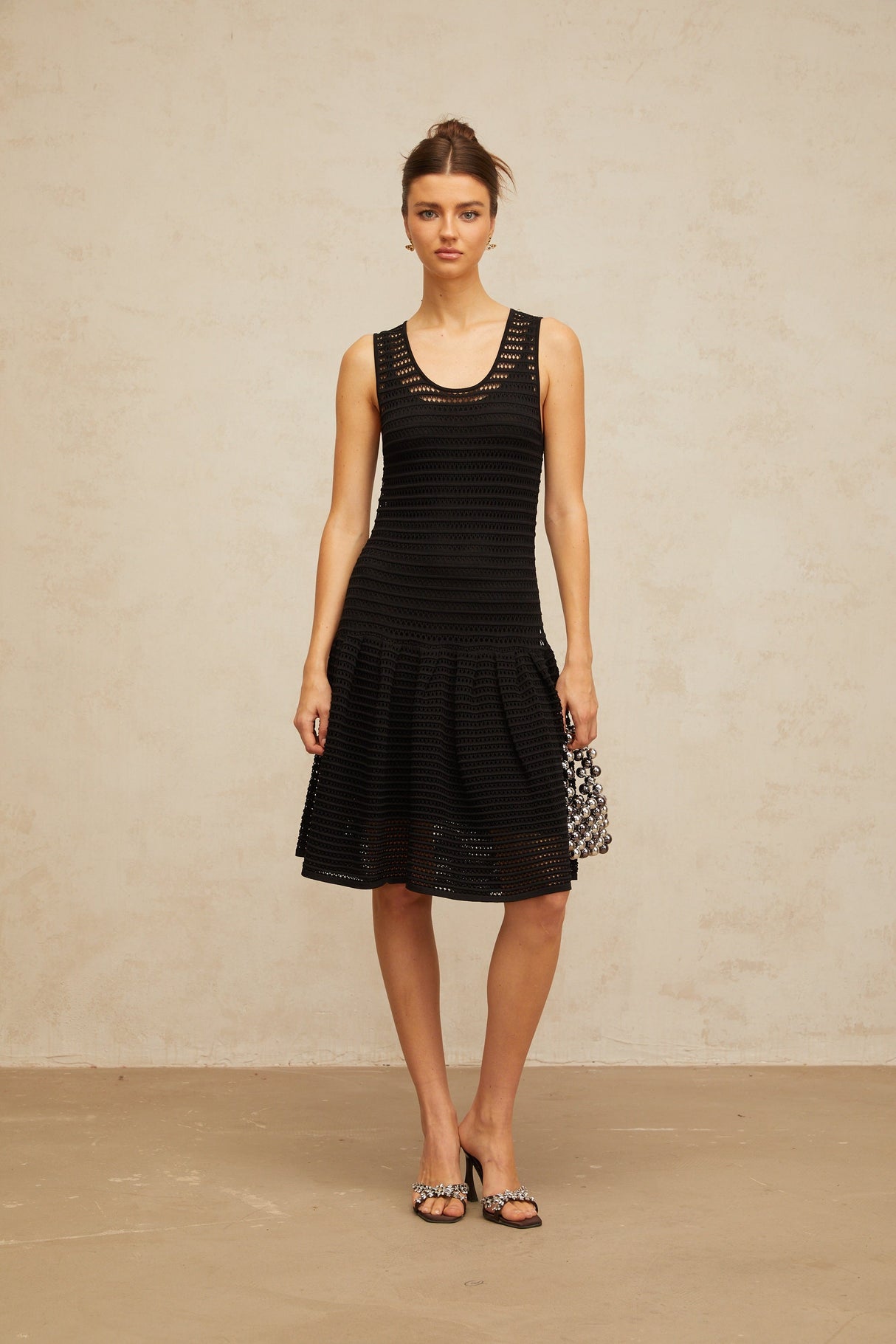 Aurohaya Maelle black flounced pointelle-knit mini dress