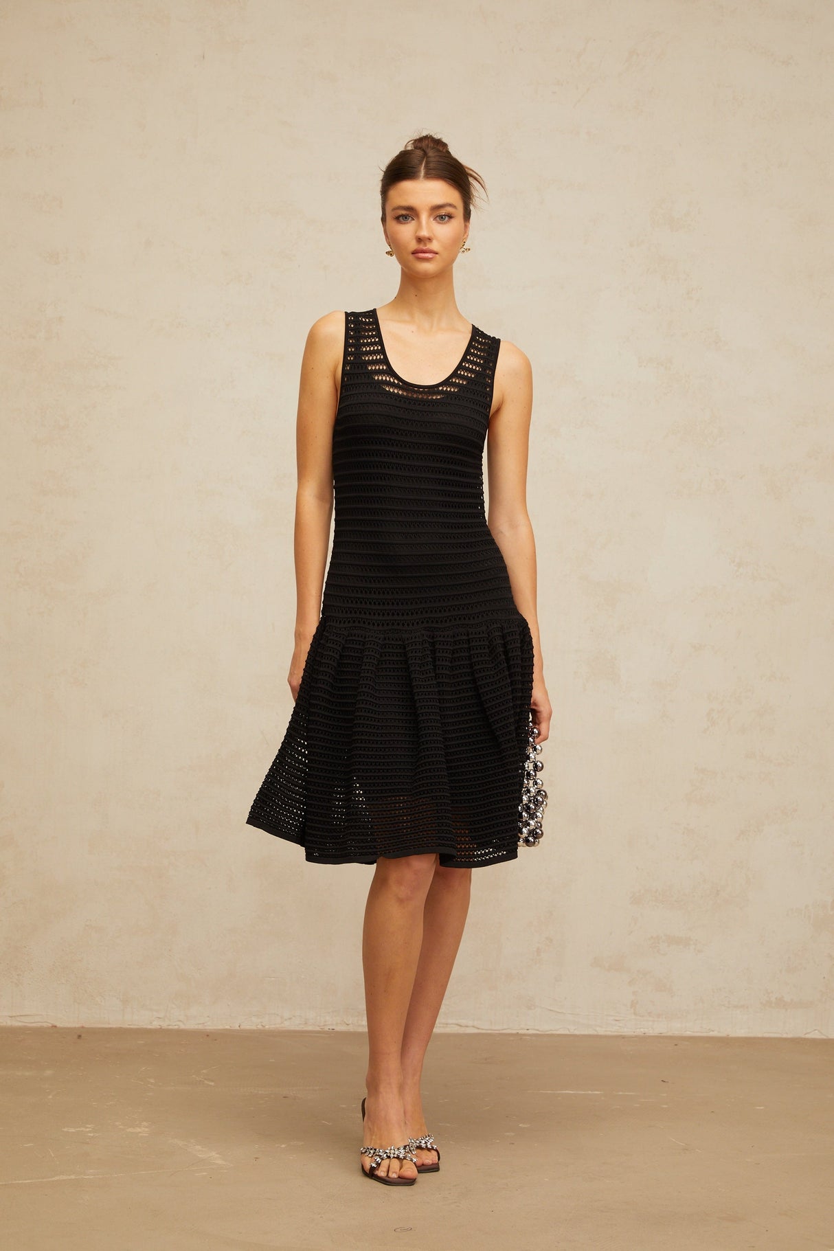 Aurohaya Maelle black flounced pointelle-knit mini dress