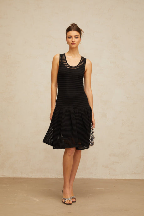 Aurohaya Maelle black flounced pointelle-knit mini dress