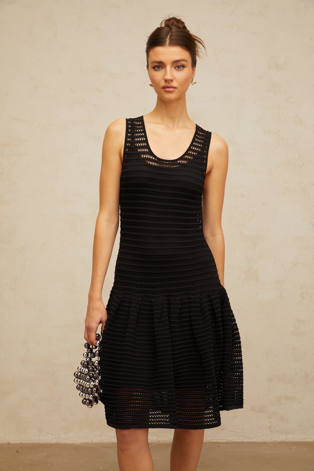 Aurohaya Maelle black flounced pointelle-knit mini dress