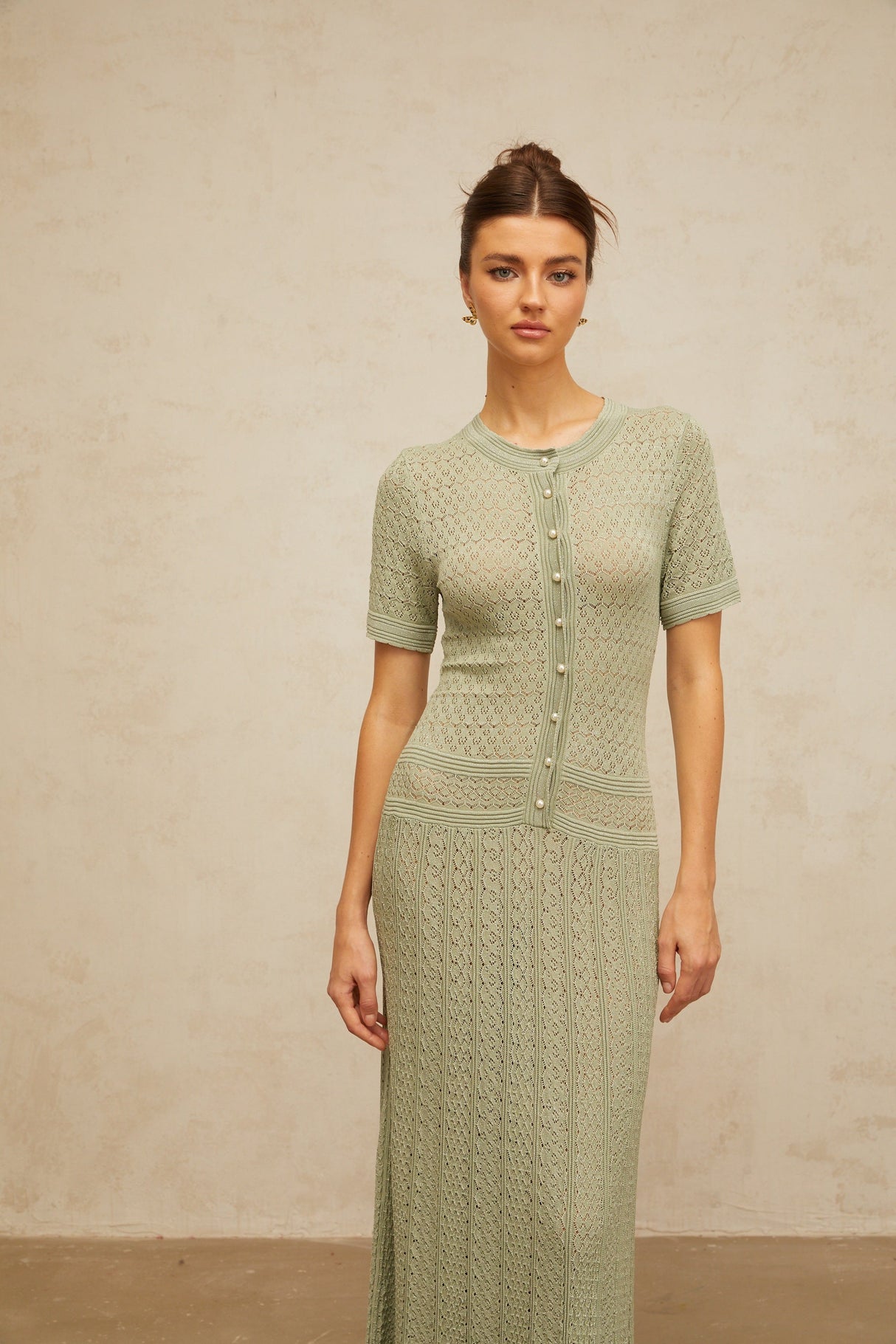 Aurohaya Siena Shirred Crochet-Knit Maxi Dress