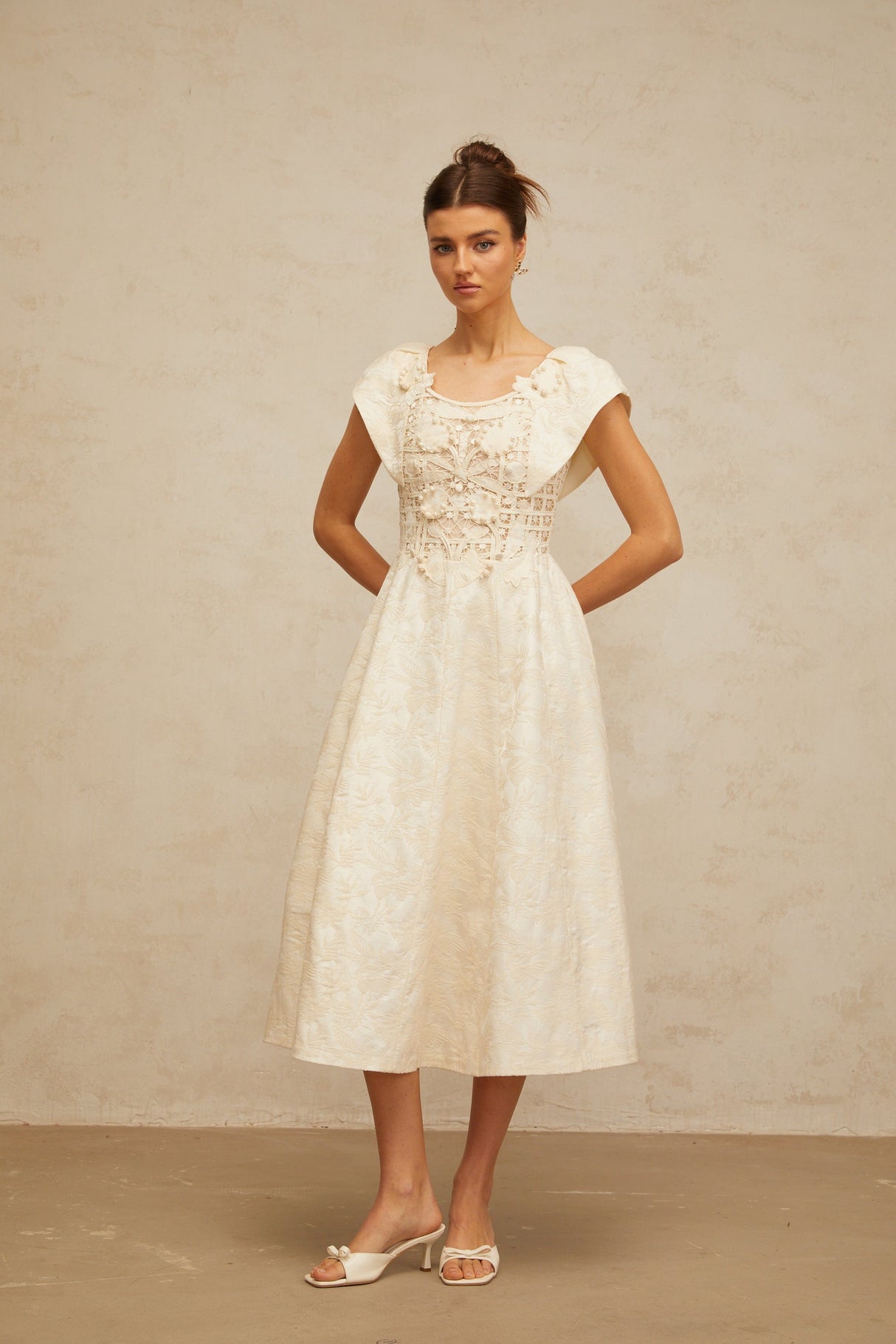 Aurohaya Xenia neutrals floral-embroidered embellished midi dress
