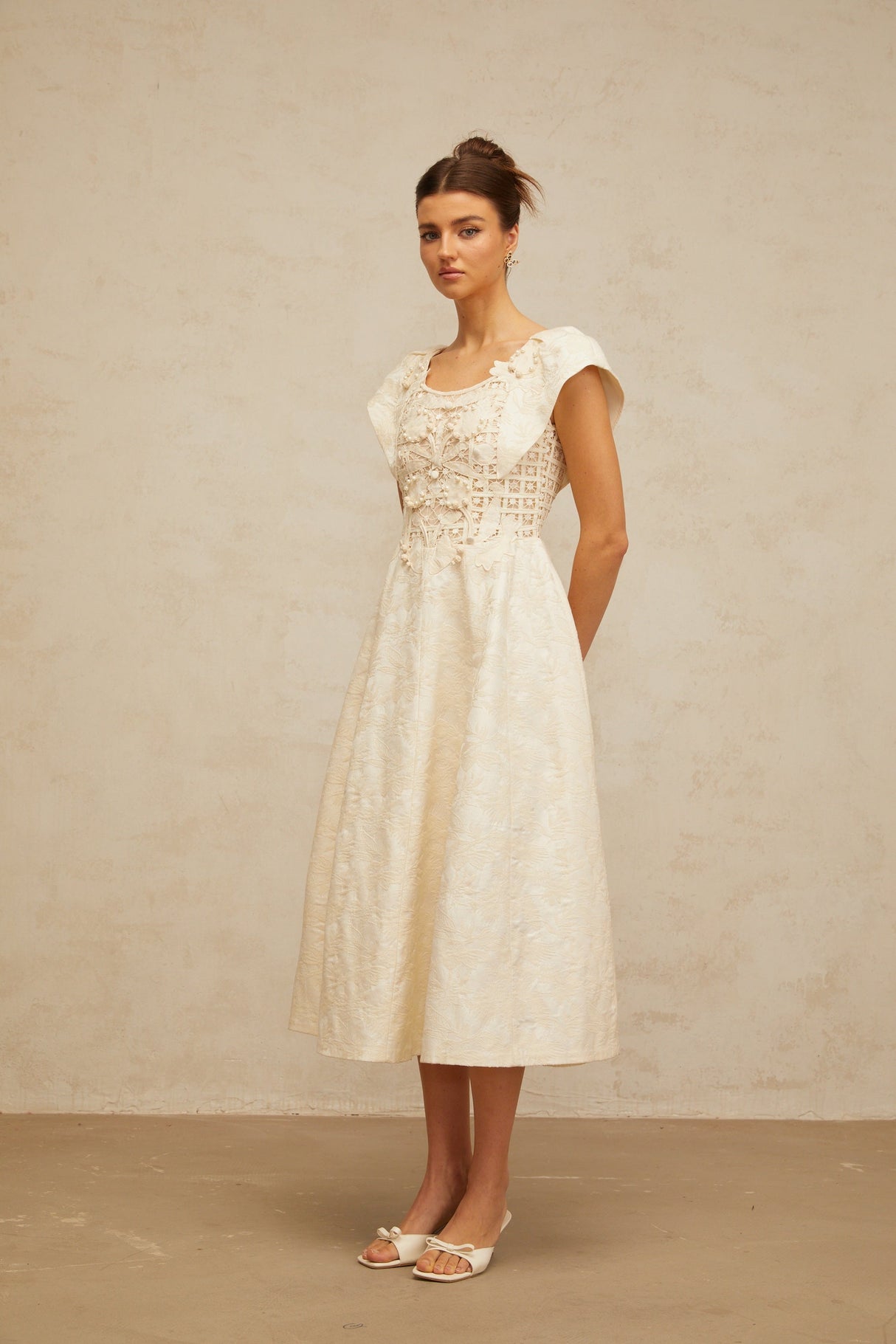 Aurohaya Xenia neutrals floral-embroidered embellished midi dress