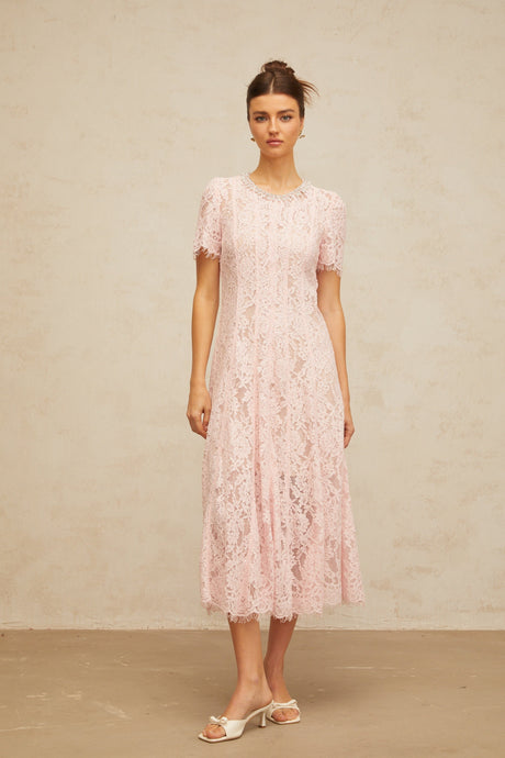 Aurohaya Dulcie pink embellished floral-lace midi dress