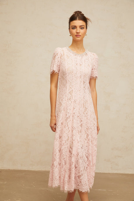 Aurohaya Dulcie pink embellished floral-lace midi dress