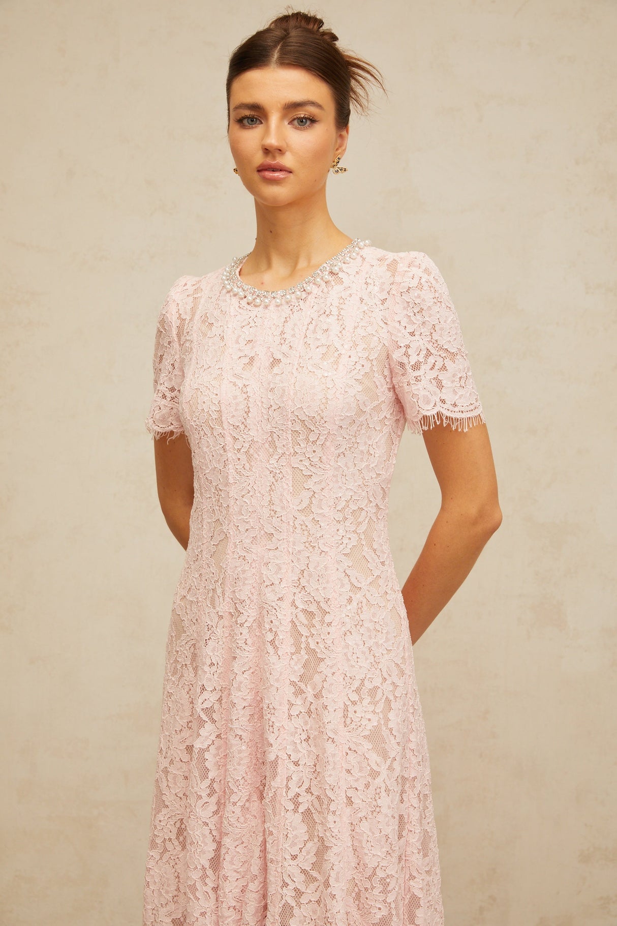 Aurohaya Dulcie pink embellished floral-lace midi dress