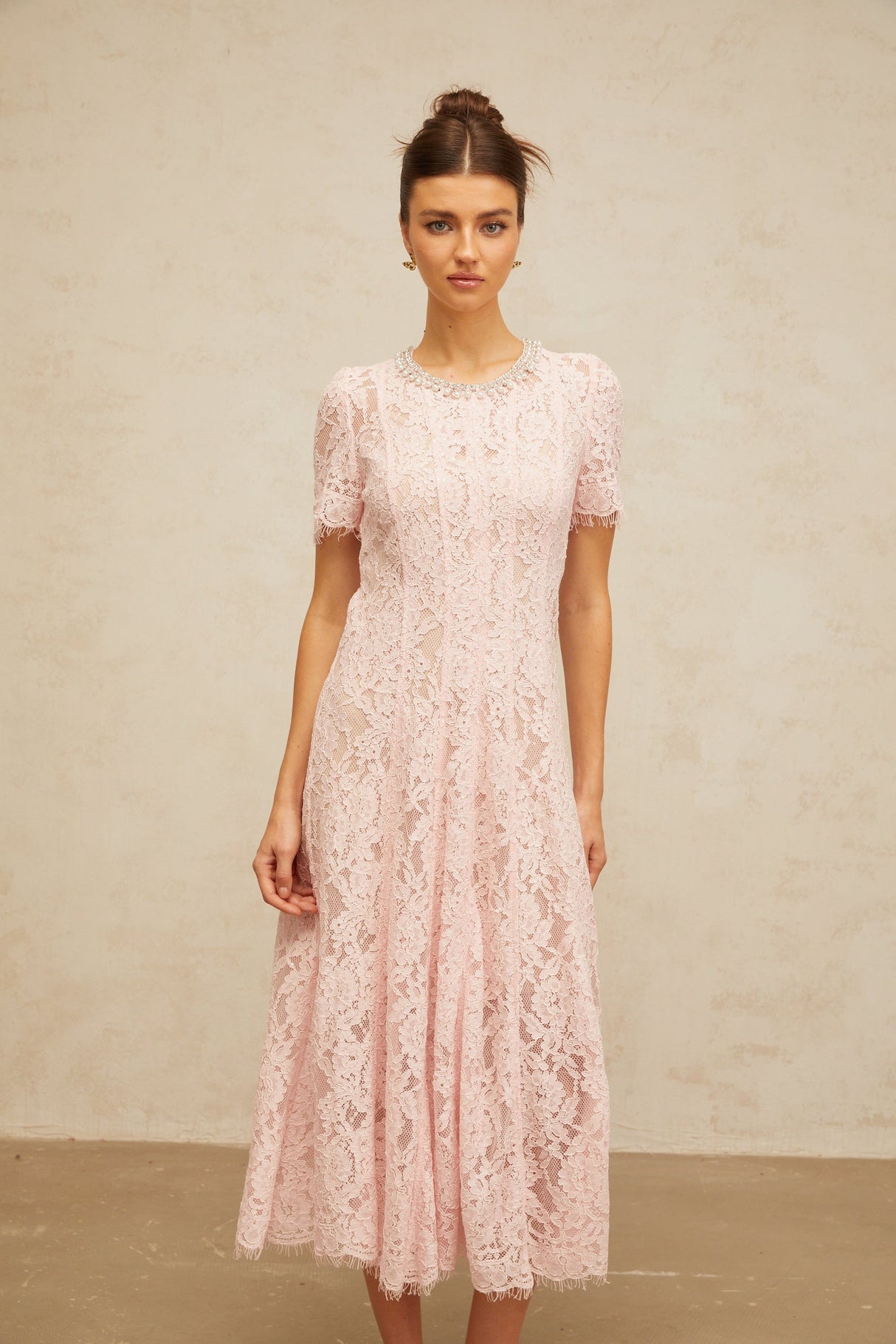 Aurohaya Dulcie pink embellished floral-lace midi dress
