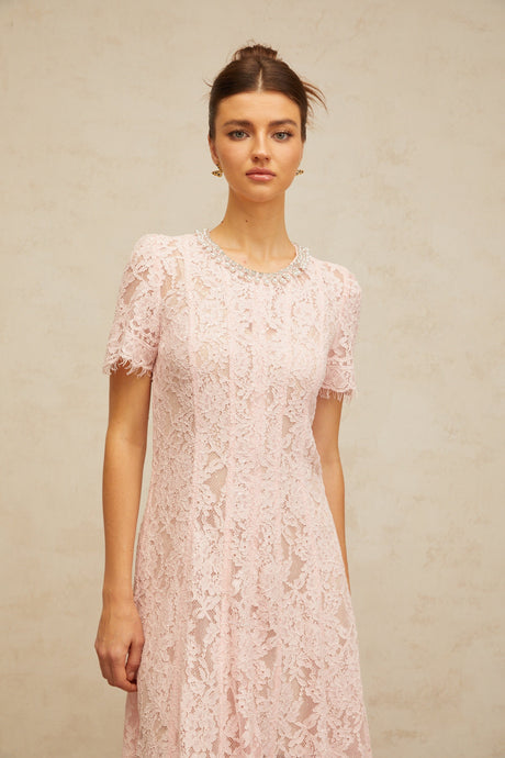Aurohaya Dulcie pink embellished floral-lace midi dress