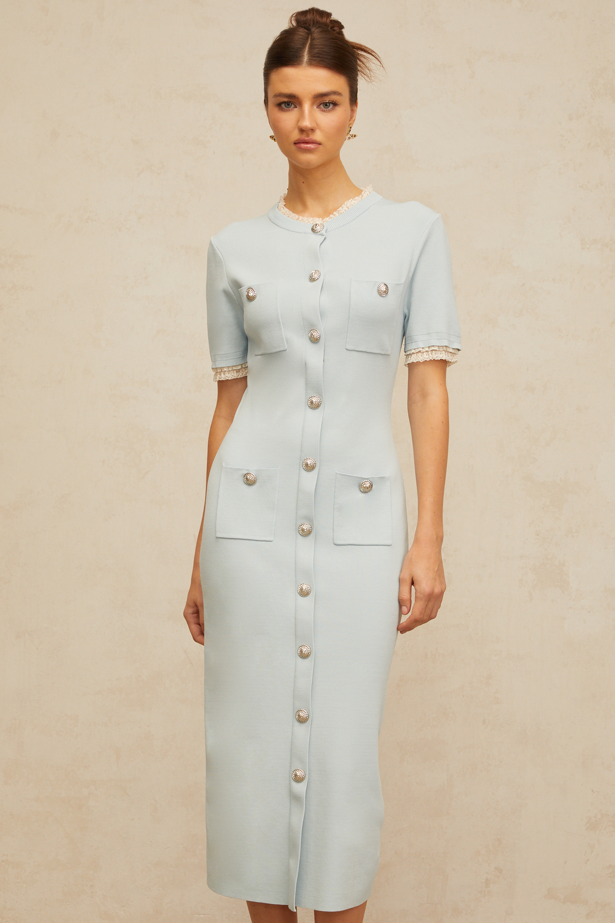 Aurohaya Mélisande light-blue pencil-silhouette knit midi dress
