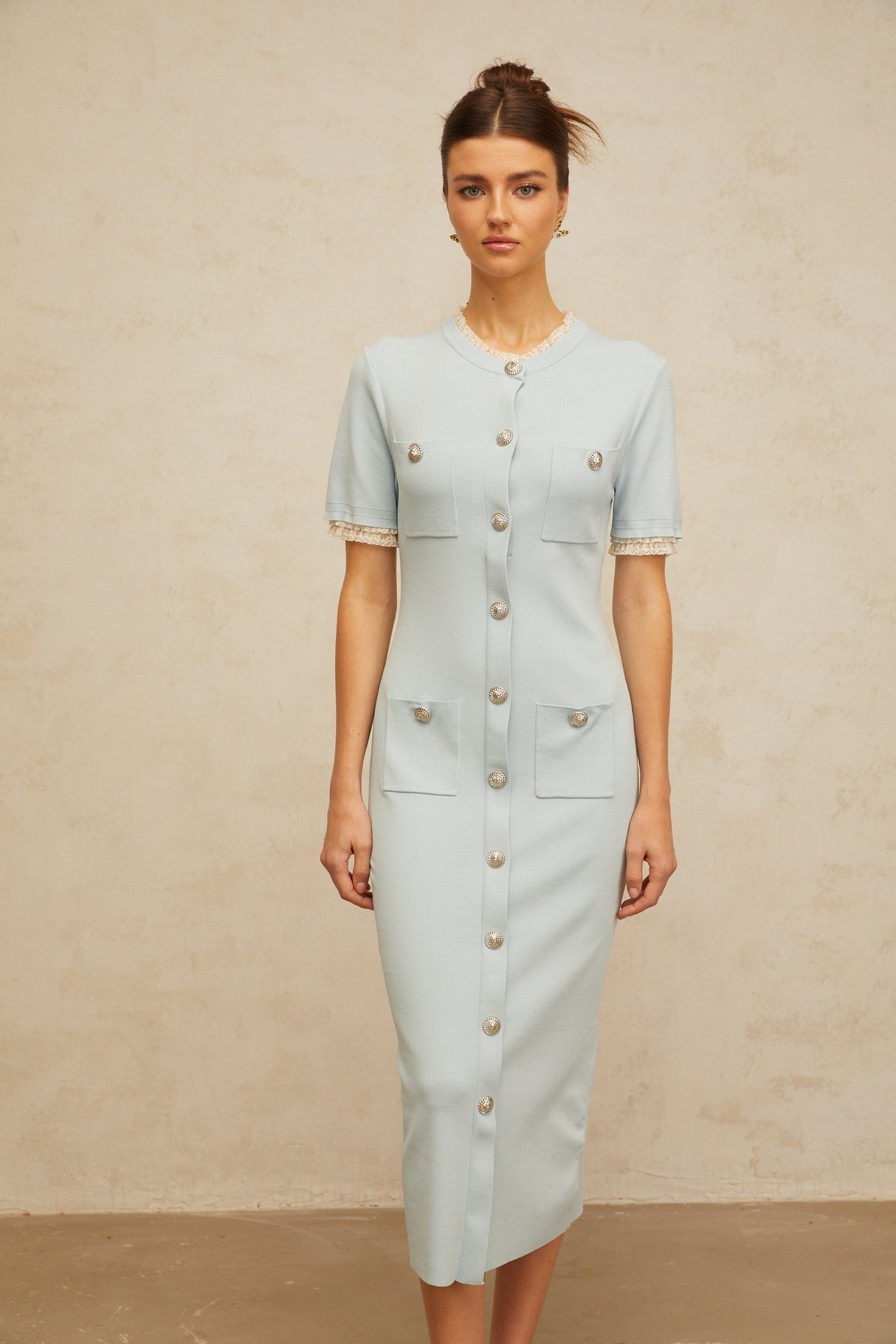 Aurohaya Mélisande light-blue pencil-silhouette knit midi dress