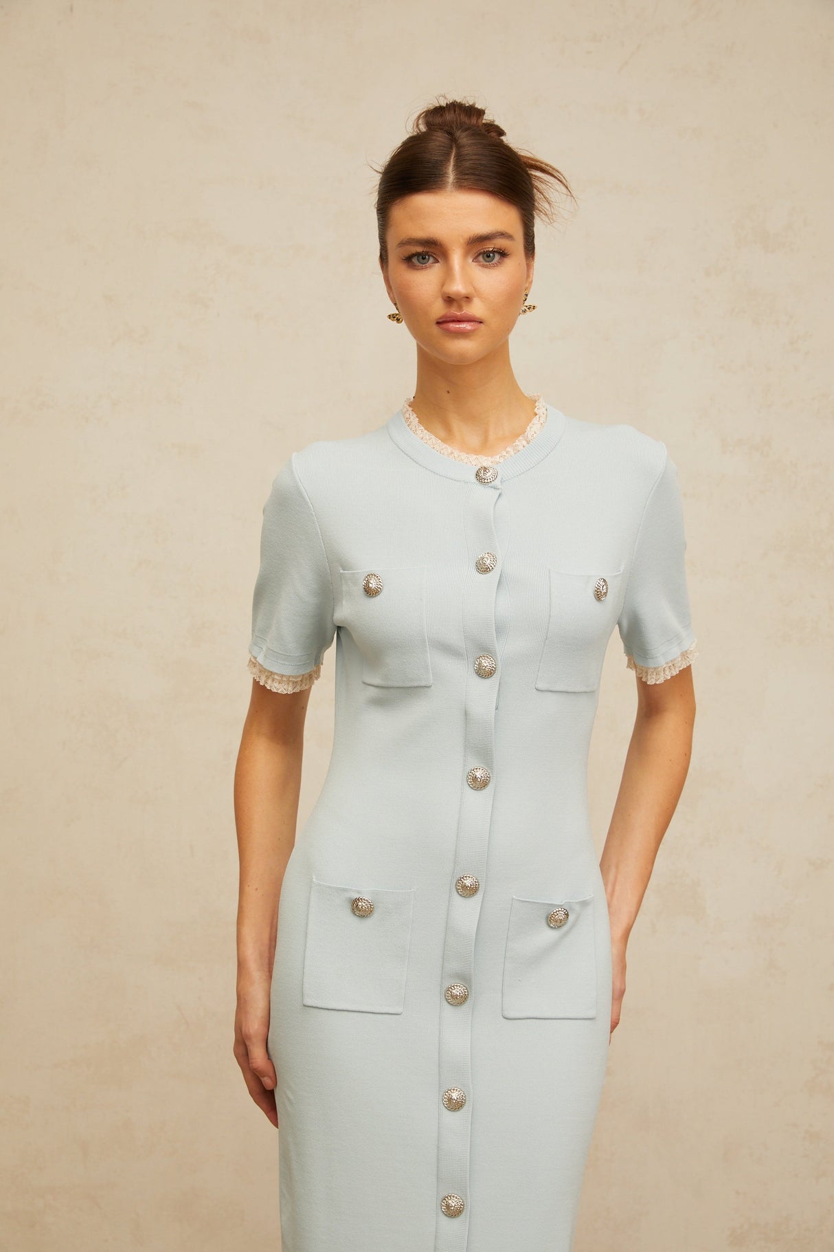 Aurohaya Mélisande light-blue pencil-silhouette knit midi dress
