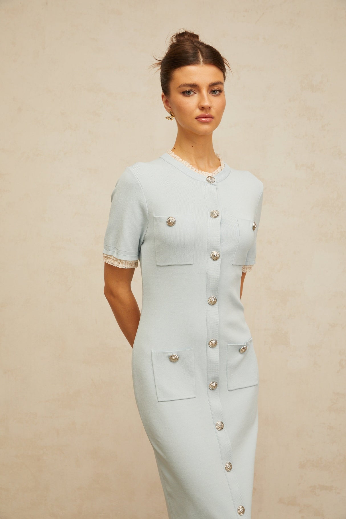 Aurohaya Mélisande light-blue pencil-silhouette knit midi dress