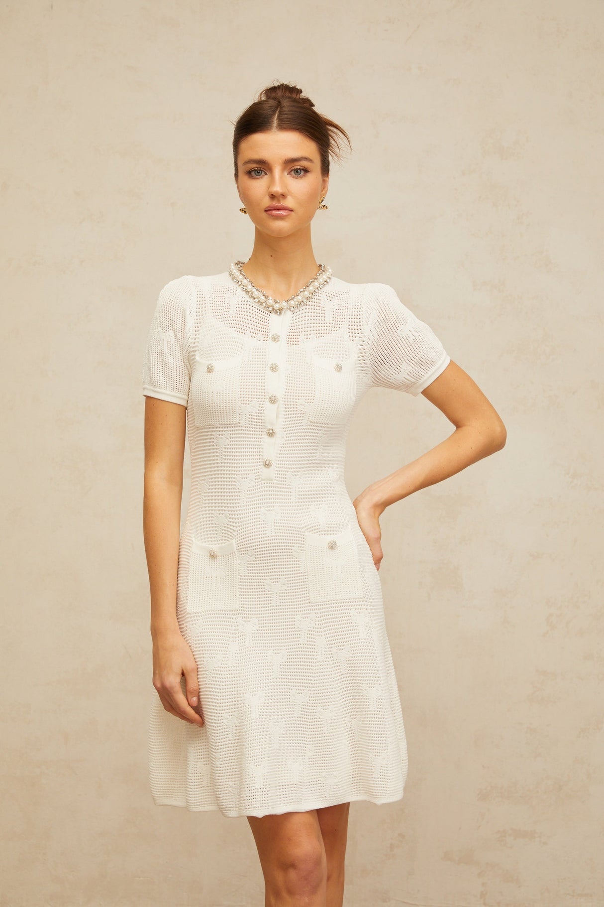 Aurohaya Marjolaine white embellished crochet-knit mini dress