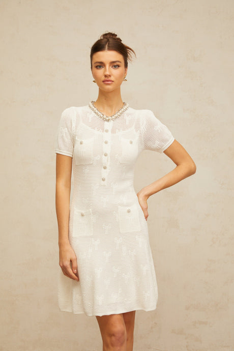 Aurohaya Marjolaine white embellished crochet-knit mini dress