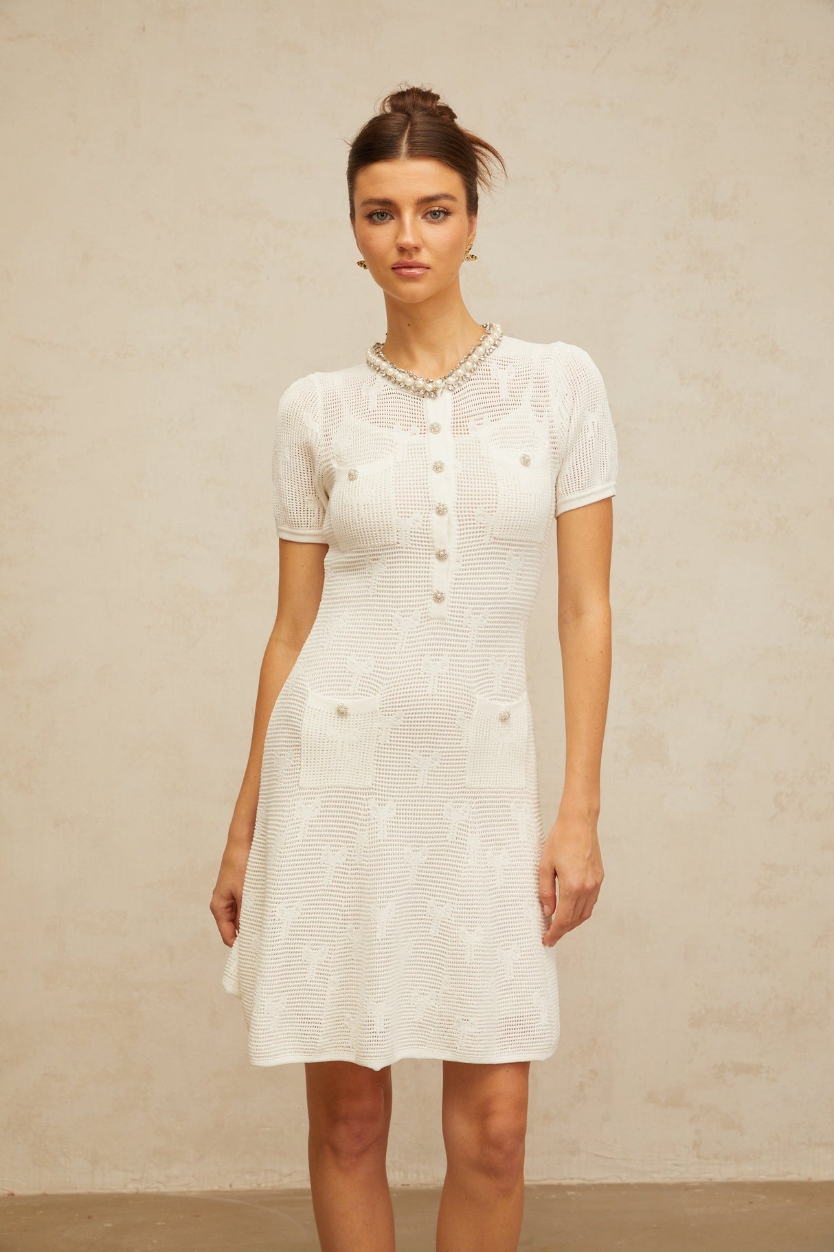 Aurohaya Marjolaine white embellished crochet-knit mini dress