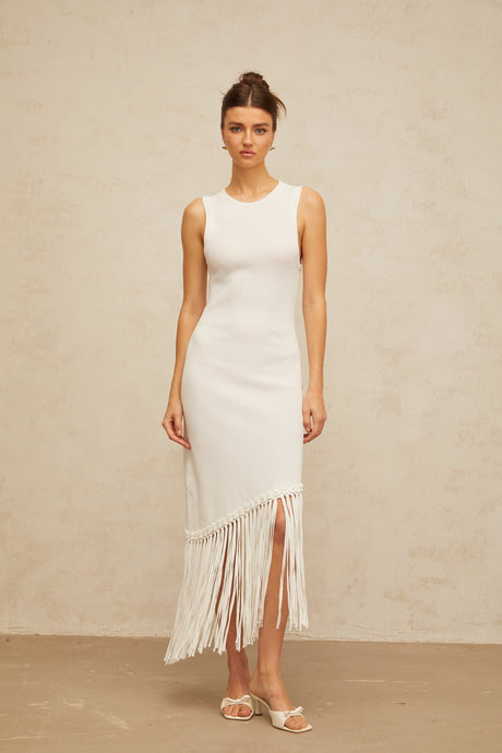 Aurohaya Mélisande white fringed-detail knit maxi dress