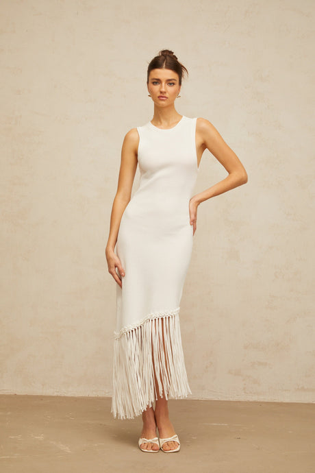 Aurohaya Mélisande white fringed-detail knit maxi dress