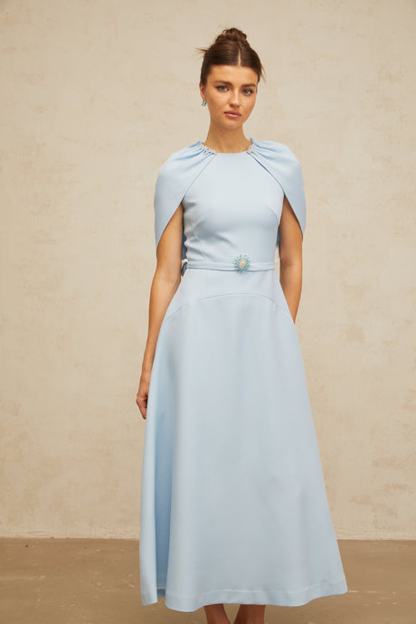 Aurohaya Lina blue shawl-panel embellished midi dress