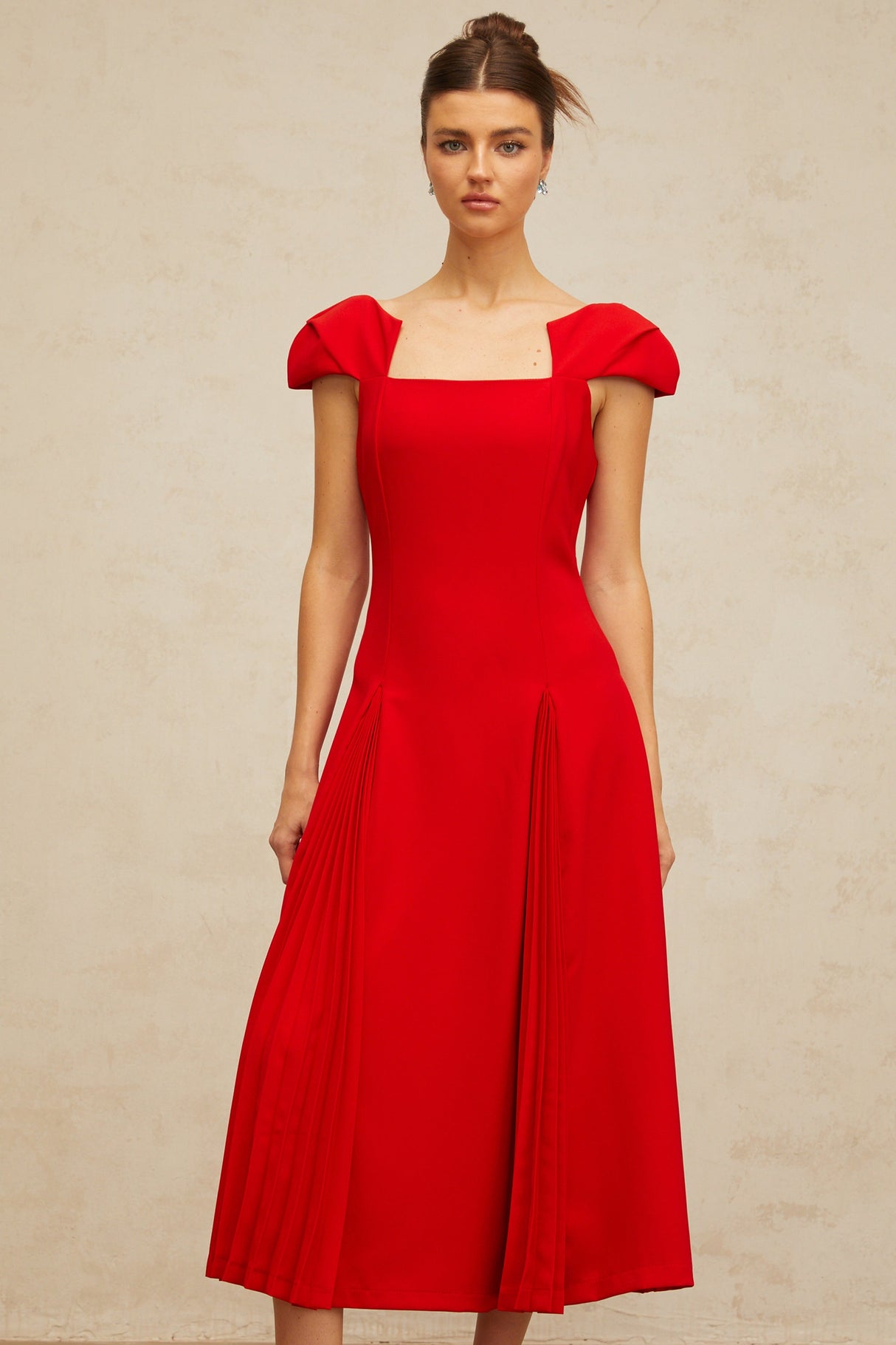 Aurohaya Gervaise red pleated-detail flared midi dress