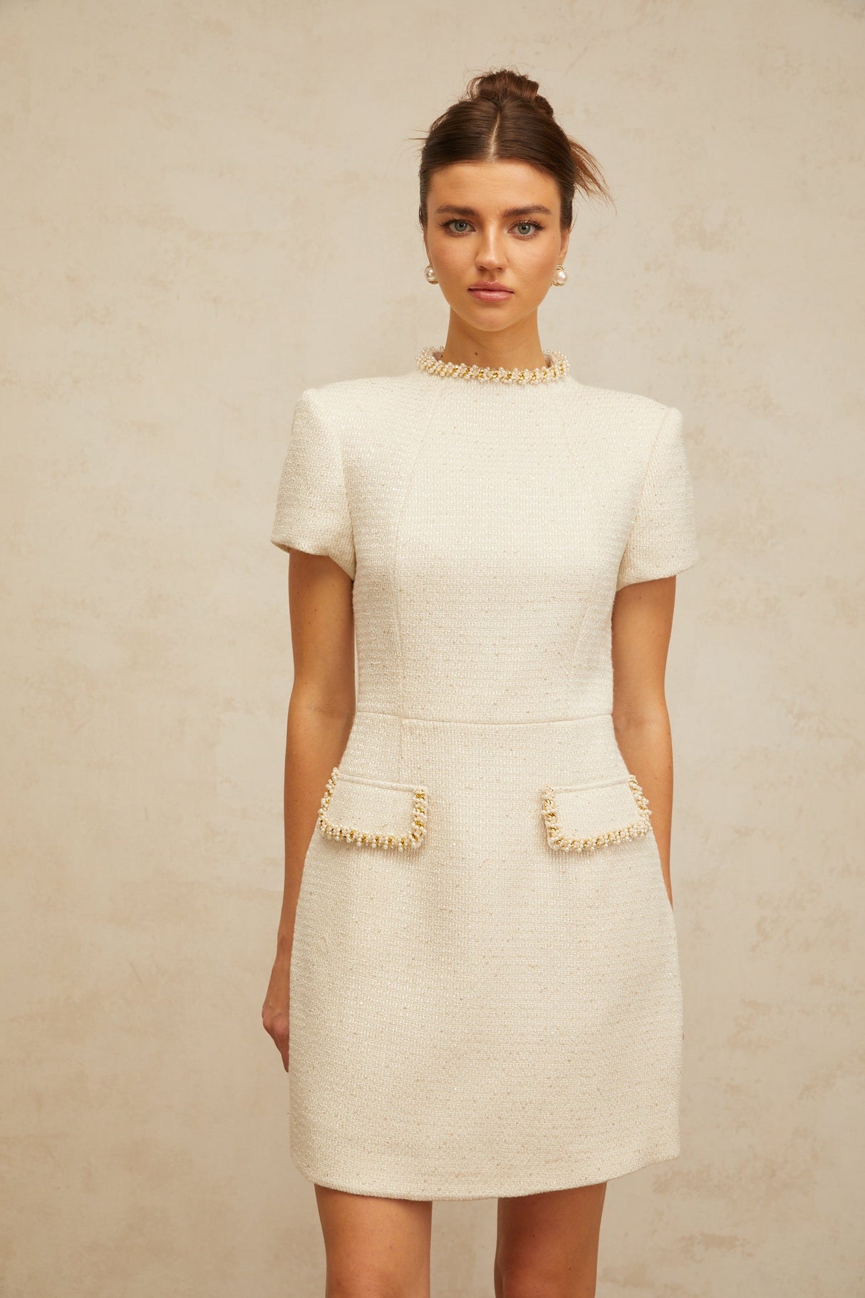 Aurohaya Jeanne white embellished tweed mini dress
