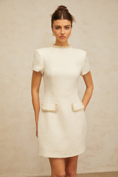 Aurohaya Jeanne white embellished tweed mini dress