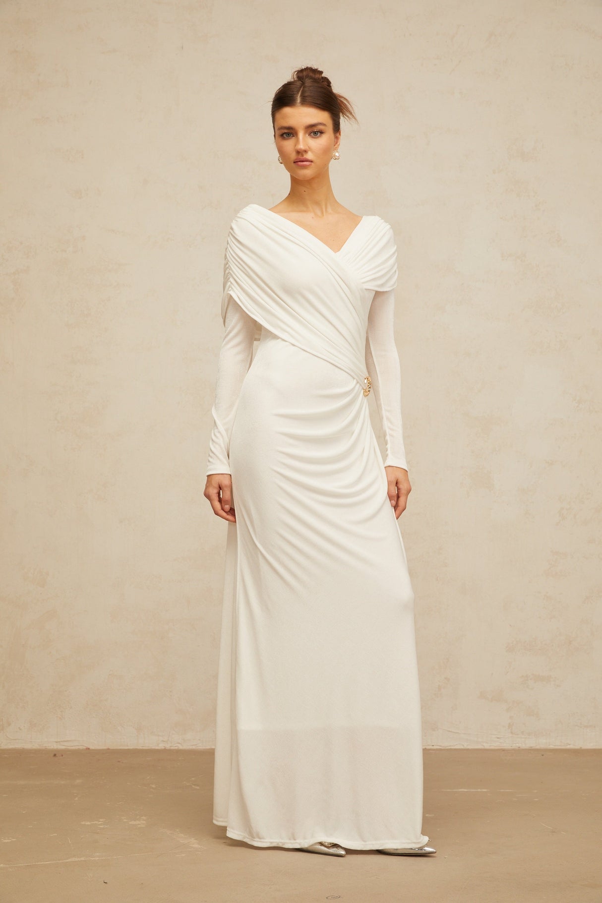 Aurohaya Hélène ruched fitted stretch maxi dress in White